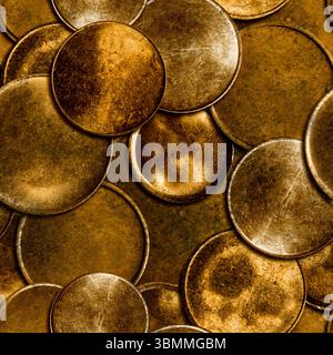 Seamless 4k photo texture surface of various vintage and weathered golden blank coins pile. Stock Photo