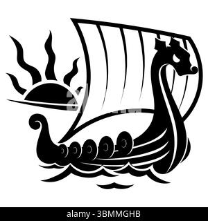 Scandinavian Viking design. Viking ship Drakkar sails on the waves of the stormy sea Stock Vector