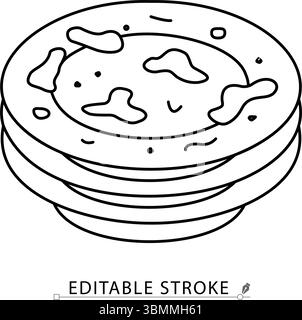 A stack of dirty plates icon in minimalist style with editable stroke. Dishwashing symbol, used tableware, kitchen cleanup, food stains, household Stock Vector