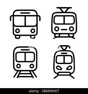 A set of 4 line icons of public transport vehicles. Includes a bus, tram, subway train, and modern train. Designed in a consistent outline style, perf Stock Vector