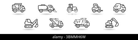 A collection of 10 clean and modern line icons representing various construction and utility vehicles. Includes dump trucks, excavators, tractors, swe Stock Vector