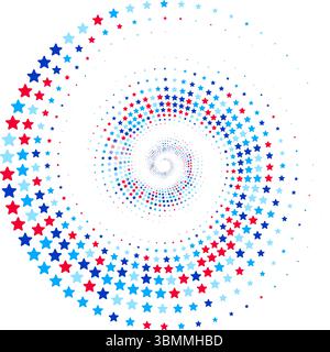 Abstract vector illustration of randomly scattered colorful stars, festive spiral vortex, dynamic composition with objects, isolated on white backgrou Stock Vector