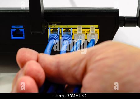 Close-up rear view of an internet router with a man's hand holding four network cables. Stock Photo