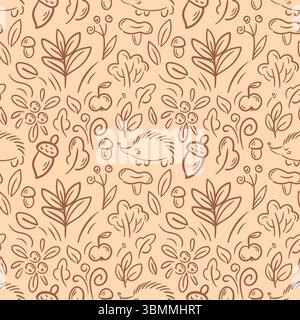 This seamless pattern features whimsical hand-drawn elements like hedgehogs, plants, mushrooms, and acorns against a soft beige background. The charmi Stock Vector