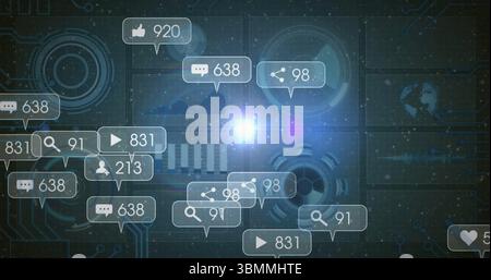 Displaying floating social media metric icons glowing on cyber-data interface, holographic charts Stock Photo