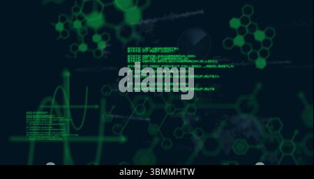 Displaying green code executing on digital interface, with molecular diagrams and waveform graph Stock Photo