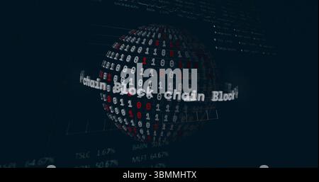 Rotating binary globe spinning in digital UI showing blockchain text, digits and chart overlays Stock Photo