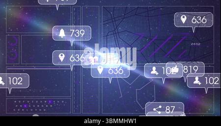 Displaying interface panels showing map grid and network lines over star field, with bell icons Stock Photo