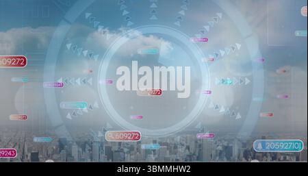 Displaying HUD overlaying cloudy skyline with concentric reticle, arrow indicators and data tags Stock Photo