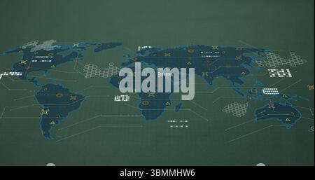 Image of world map with data points and network connections on green background Stock Photo