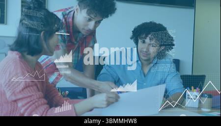 Collaborating on project, team using data visualization image in office setting Stock Photo