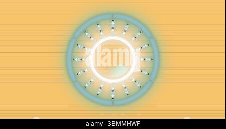 Displaying concentric rings rotating over warm gradient interface, with radial arrowheads Stock Photo