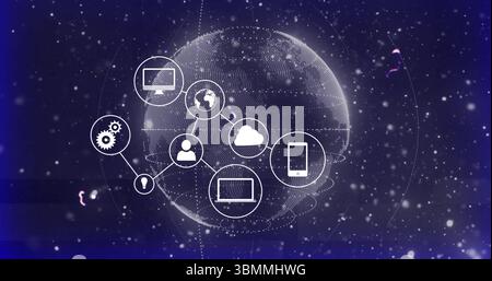 Connected digital network icons with image over globe and binary code background Stock Photo