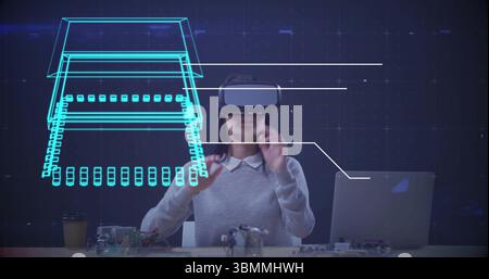 Person using virtual reality headset with digital circuit board image overlay Stock Photo