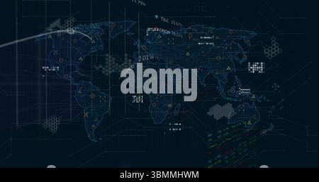Displaying world map dashboard on desktop, showing hexagonal clusters, warning icons and data panel Stock Photo