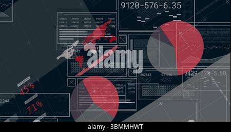 Displaying digital analytics dashboard in virtual interface, with world map and pie charts Stock Photo