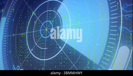 Displaying circular radar display scanning at console with concentric rings and green binary digits Stock Photo