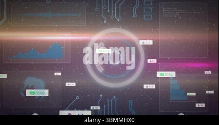 Central circular HUD rotating in dashboard, with code panel, circuit traces and social metric icons Stock Photo
