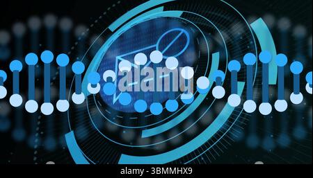 Displaying stylized DNA helix in virtual interface, with HUD rings, binary streams and radial grids Stock Photo