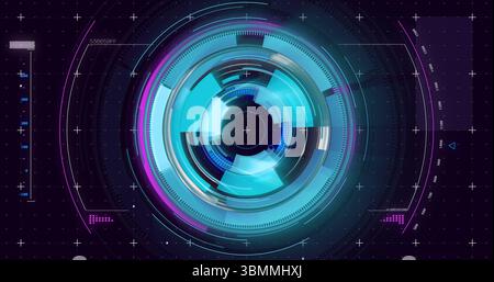 Displaying circular HUD graphic on screen, with rings, crosshair reticles and alphanumeric readouts Stock Photo
