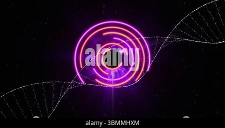 Displaying black circular core surrounded by neon rings in space, with DNA helix, star-like specks Stock Photo