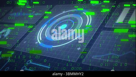 Displaying central circular HUD in grid interface, with floating green binary digits and data bars Stock Photo