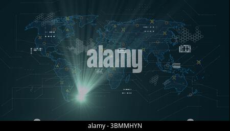 Displaying world map on interface, showing hexagon grids, circular data nodes and light flare Stock Photo