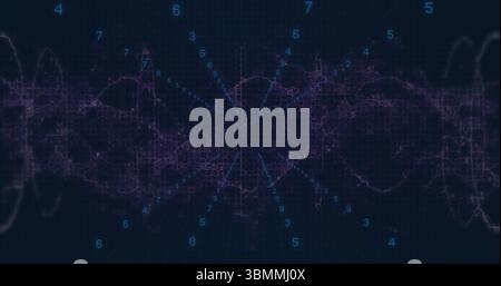 Displaying purple waveform streaming across dark virtual dashboard, with light-blue numeric points Stock Photo