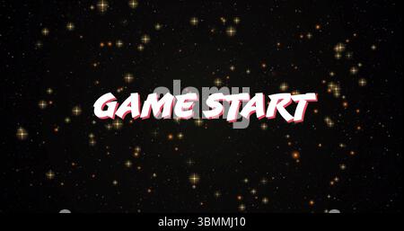 Displaying bold stylized text GAME START floating over deep space, with glittering star graphics Stock Photo
