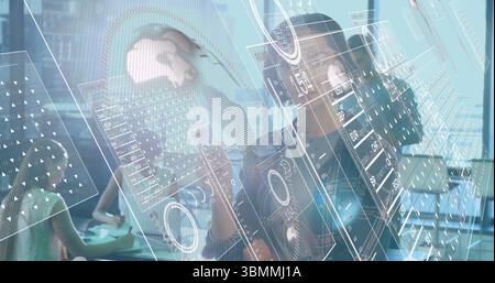Collaborating team of four in smart attire analyzing holographic data panels in conference room Stock Photo
