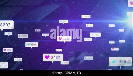 Floating notification bubbles displaying heart, thumbs-up, follower counts over cosmic backdrop Stock Photo