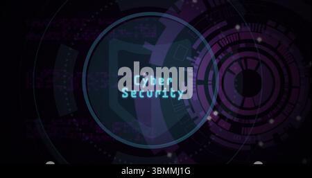 Pixelated Cyber Security within glowing cyan circular frame pulsing in digital UI, with UI elements Stock Photo