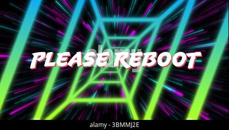 Displaying bold 3D PLEASE REBOOT text glowing inside neon tunnel, showcasing futuristic interface Stock Photo