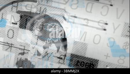 Floating semi-transparent globe displaying world map on code backdrop, with plus sign overlays Stock Photo