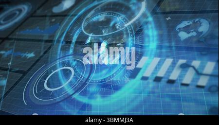 Spinning holographic Earth projection hovering over blue grid, with concentric rings and bar charts Stock Photo