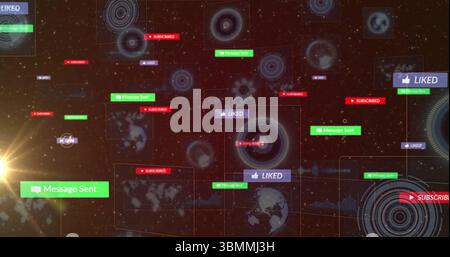Showing Subscribed labels, Message Sent boxes, Liked badges hovering in network space, with HUD Stock Photo