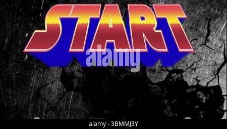 Displaying START with red-yellow gradient, blue shadow and white outline on cracked dark background Stock Photo