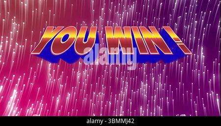 Displaying stylized YOU WIN! text glowing yellow-to-red with blue shadow on pink-purple gradient Stock Photo