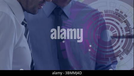 In office, business professionals discussing using digital data image overlay on screen Stock Photo