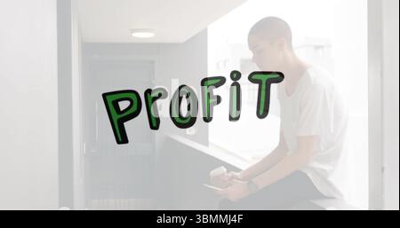 Bald man sitting on balcony railing, holding smartphone and coffee cup with PROFIT, copy space Stock Photo