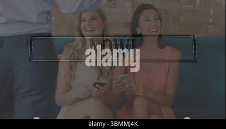 Smiling two friends in sleeveless dresses using smartphones at lounge bench, wood panels Stock Photo