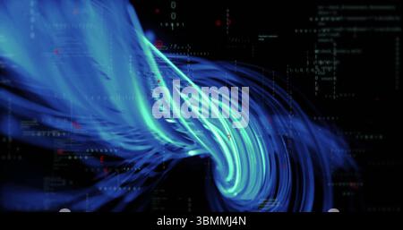 Twisting glowing blue data stream flowing through cyberspace tunnel with code snippets and binary Stock Photo