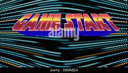 Floating 3D neon GAME START text hovering over wave grid in futuristic display, with glowing dots Stock Photo