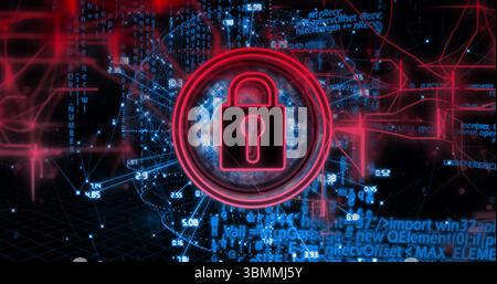 Image of red padlock icon over digital network with binary code background Stock Photo