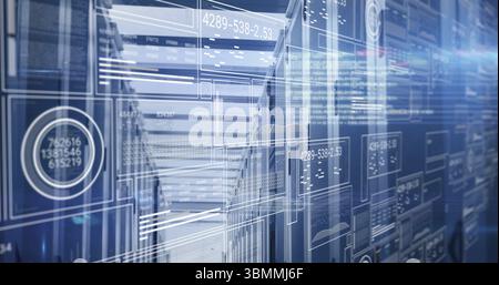 Glowing server racks emitting LED lights in data center aisle, with data visualization overlays Stock Photo