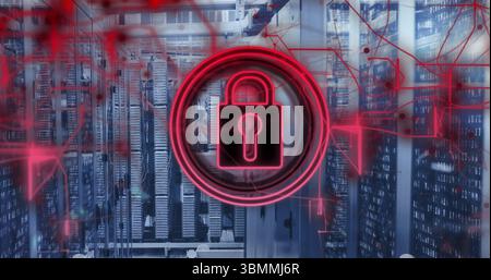 Cybersecurity image with red lock symbol over data servers for protection Stock Photo