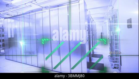 Data processing image over modern server room with glowing green lines Stock Photo