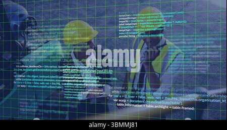 Reviewing plans, construction workers with digital image overlay on site Stock Photo