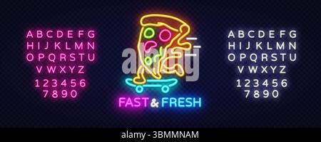 Pizza neon sign, slice on skateboard. Vector illustration with glowing text FAST FRESH and full neon alphabet on transparent dark background. Stock Vector