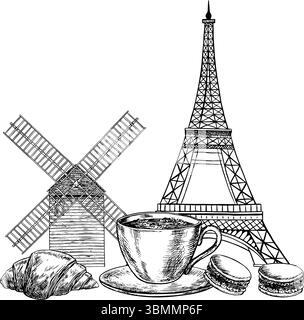 A cup of coffee and French pastries with croissants and almond cookies, background of the Eiffel Tower and a mill in Paris. Vector black and white Stock Vector